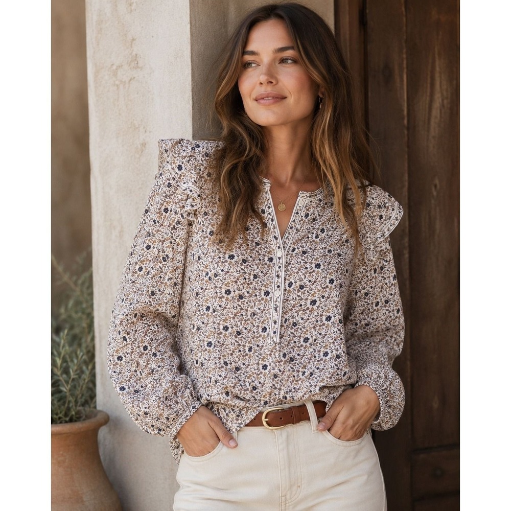 109. Max Studio Boho Floral Ruffle Henley Blouse Long Balloon Sleeve Large
